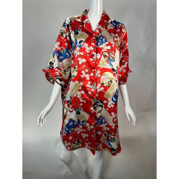 Vintage Silk Kimono Robe With Geisha & Cherry Blossom Design Red Multicolor - Picture 1 of 16
